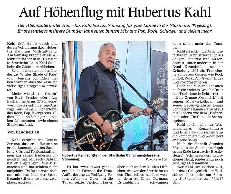 Hubertus Kahl, Live, Musiker, Sänger, Gitarrist, Alleinunterhalter, One-Man Band, Presse, Zeitung,