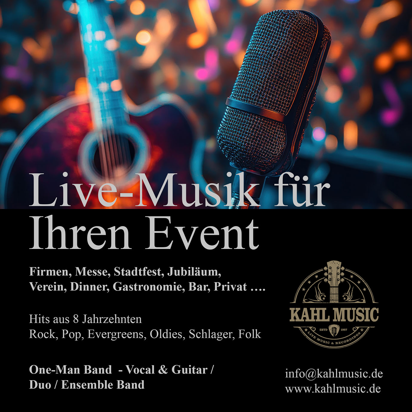 Kahl Music, Hubertus Kahl. Live, Alleinunterhalter, One-Man Band, Solo,Vocal, Guitar, Gesang, Gitarre