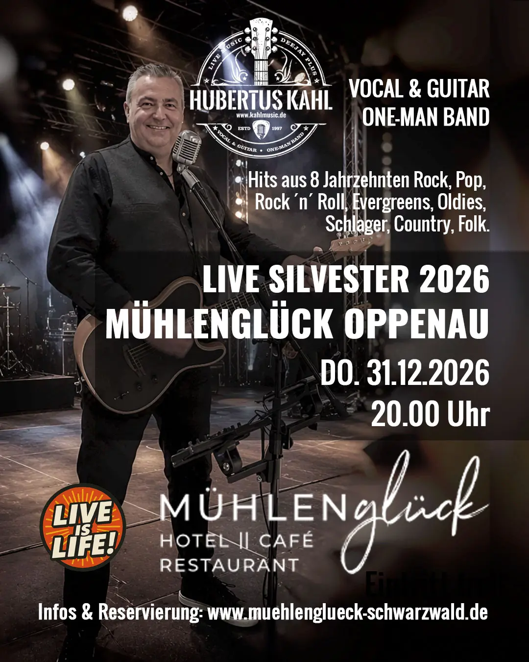 Silvester, 2026, Mühlenglück, Oppenau, Hotel, Schwarzwald, Hubertus Kahl, Kahl Music, Livemusik, One-Man Band, Gitarrist, Sänger